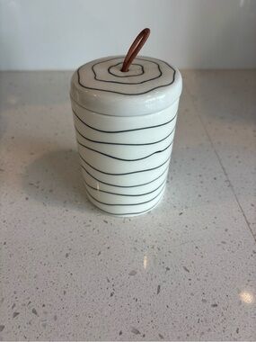 White Ceramic Lidded Jar with Black Stripe and Leather Pull
